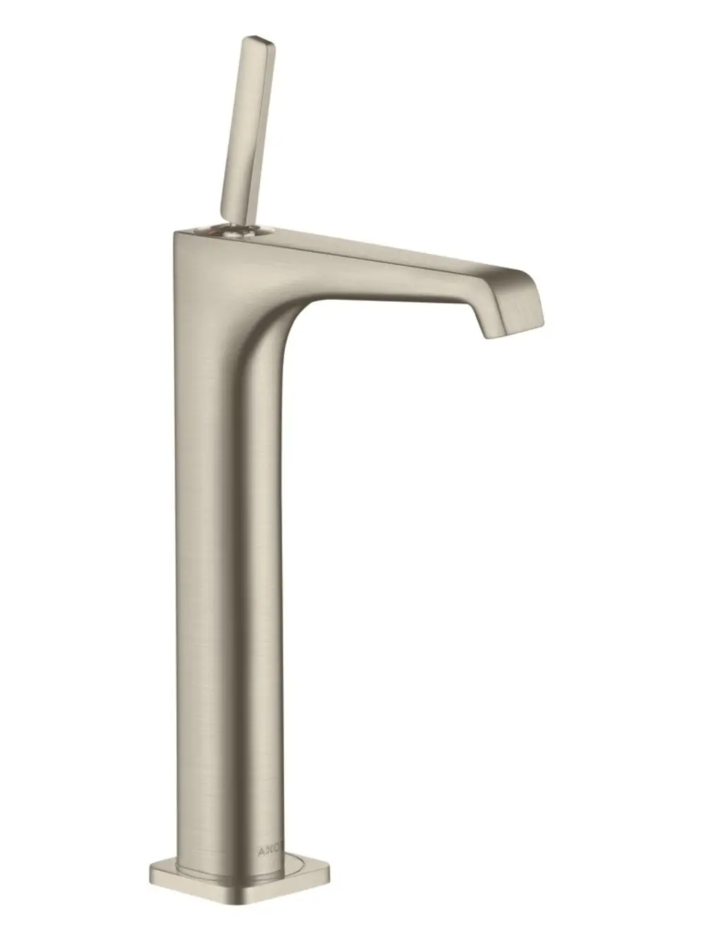 Einhebel-Waschtischmischer in gebürstetem Nickel von AXOR, mit einem vertikalen Griff und einem kantigen design. Geeignet für Aufsatzwaschtische.